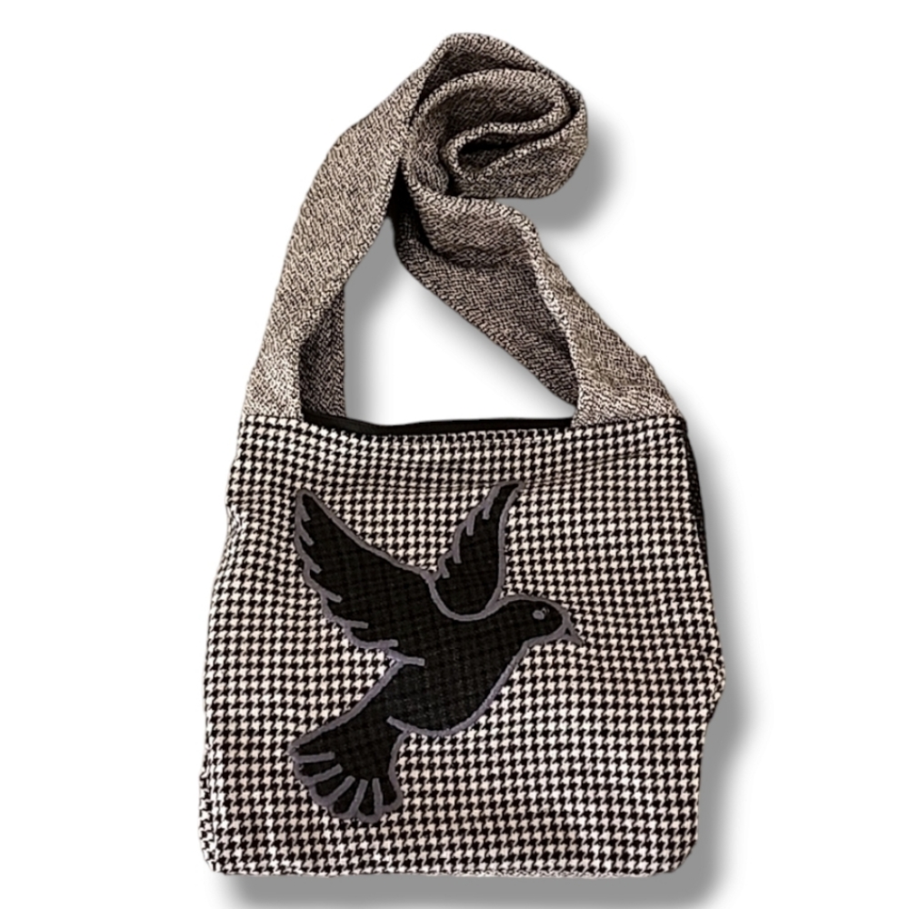 VINTAGE HANDMADE Gypsy Peace Dove Houndstooth Crossbody Shoulder Bag Purse Patch - Picture 3 of 17